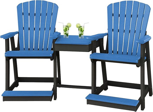 DutchCrafters Plastic Poly Outdoor Bistro Set with 2 Chairs and Attached Center Table, 3 Piece Patio Furniture Set - Amish Made in USA (Black & Blue)