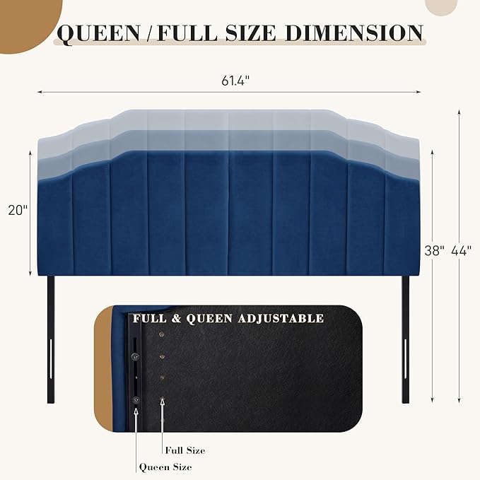 Upholstered Headboard Adjustable Height Queen/King Headboard Cream Velvet Tufted Modern Vertical Channel Design with Stepped Silhouette Top Edge(Blue Queen)