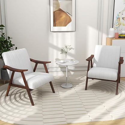 Giantex Mid-Century Modern Accent Chair Set of 2, Upholstered Comfy Living Room Chair with Arms, Anti-Slip Felt Pads, Wooden Frame Soft Padded Armchair for Living Room Bedroom Office Study, Beige