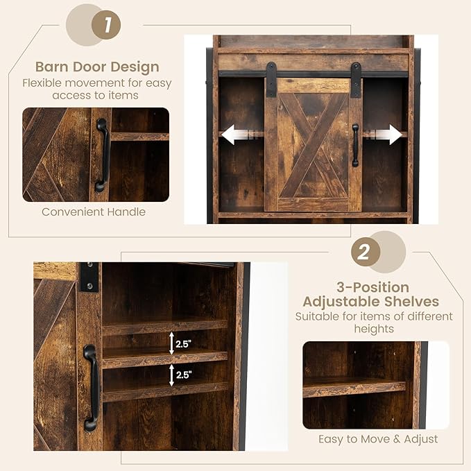 LOKO Over The Toilet Storage Cabinet, Freestanding Bathroom Space Saver with Adjustable Shelves & Sliding Barn Door, 4-Tier Over Toilet Bathroom Organizer, 25 x 9.5 x 67.5 inches (Rustic Brown)