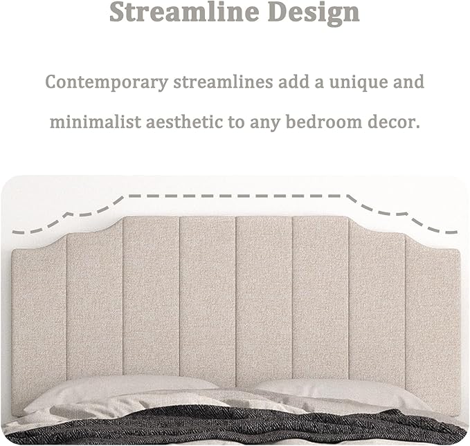 Queen Size Headboard Only, Linen Wall Mounted Headboard Queen/Full Size for Adjustable Bed, Modern Vertical Channel Design with Curved Tufted Upholstered Head Board, Beige