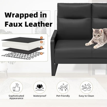 Modern Leather Loveseat, Small Sofa with Side Tray & Pocket, Upholstered Mini Couch for Living Room, Office, Guest Room, Black