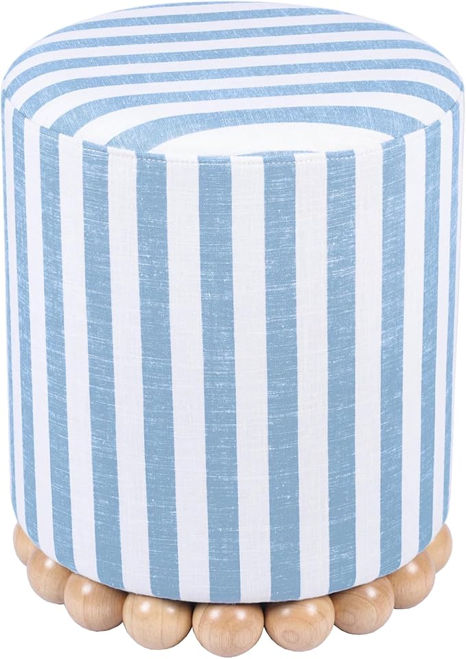 First of a Kind Ottoman Foot Rest - Pastel Blue Round Ottoman Stool with Solid Wood Spherical Orbs - 15.7" W x 15.7" D x 18.3" H - Handmade, Easy Clean, 330 lbs Weight Capacity