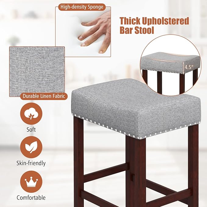COSTWAY Counter Height Bar Stools Set of 2, 25-inch Backless Saddle Stools with Nailhead Trim, Rubber Wood Frame, Footrest, Max Load 330 Lbs, Upholstered Barstools for Kitchen Island Pub, Grey