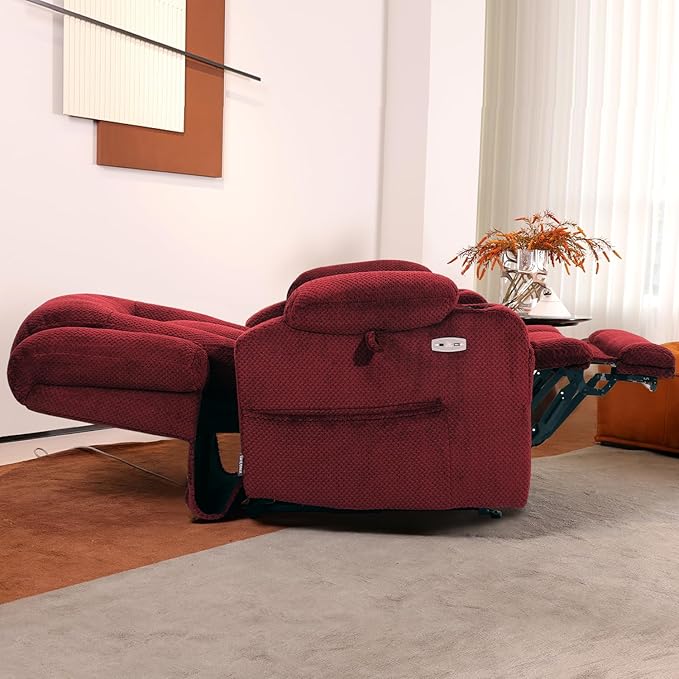 EONIX Lay Flat Power Lift Recliner Chair with Heat and Massage, Dual Motor Electric Lift Chair for Elderly for Postoperative Recovery, 400lbs Heavy Duty, Cup Holders, Lumbar Pillow, Burgundy