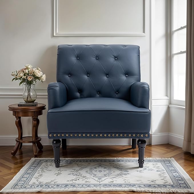 MOJAY PU Leather Accent Chair, Mid-Century Armchair Living Room Sofa Chair with Rubber Wood Leg, Club Chair with Rivet Trim for Bedroom Reading Room Reception (DarkBlue)