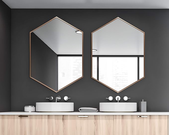 Kate and Laurel McNeer Modern Wall Mirror, 31 x 22, Bronze, Geometric Hexagon Mirror for Wall