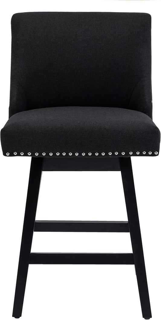 Bar Stools Set of 2, 26 Inch Upholstered Barstools with 13.8" High Back and Footrest, Swivel Counter Height Barstools for Kitchen Island Home Bar Performance Fabric Black