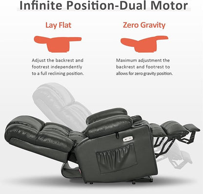 MCombo Dual Motor Large Power Lift Recliner Chair for Elderly, Lay Flat Lift Chair with Heat and Massage, Big Lift Recliner for Tall People, Faux Leather 7896 (Grey, Large)