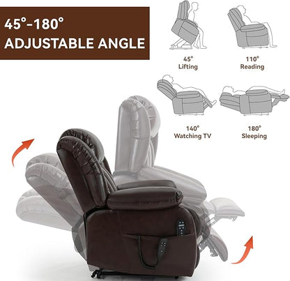 Luxlen Electric Power Lift Recliner Chair with Vibration Massage and Heat, Leather Reclining Chairs for Elderly with Remote Controls, Side Pockets, Big and Tall Recliner, Brown