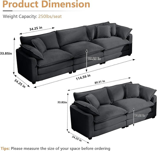 mikibama Luxury 3 Piece Sofa Set, 3-Seater & 2 Loveseat Couch Set, Modern Corduroy Comfy Cloud Couches Set for Living Room Office with 6 Armrest Pillows and 7 Toss Pillows, Grey