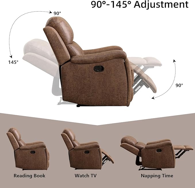 Leather Recliner Chair, Manual Recliner Chair for Adults with Overstuffed Arms and Back, Single Sofa Recliner with Cup Holders for Living Room (1, Nut Brown)