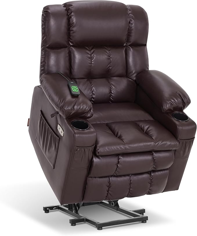 MCombo Dual Motor Small Power Lift Recliner Chair for Elderly, Lay Flat Lift Chair with Heat and Massage, Petite Lift Chair, Cup Holders, Faux Leather 7893 (Dark Brown, Small)