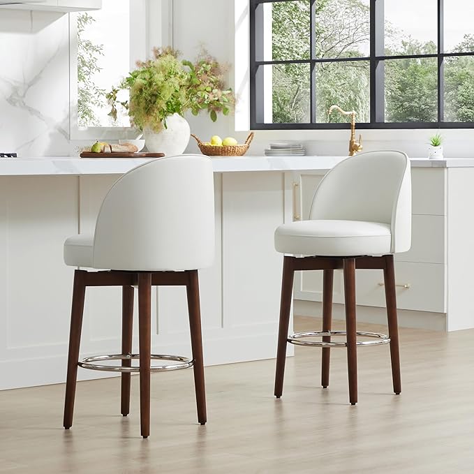 CHITA Counter Height Bar Stools Set of 2,Swivel Barstools for Kitchen Island,26.4" H Seat Height,Faux Leather,White