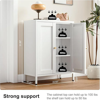 Metal Bathroom Floor Storage Cabinet,Small Storage Sideboard with 2 Doors and 2 Adjustable Shelves, 12" Small Cabinets White Freestanding Locker for Entryway,Living Room,Hallway