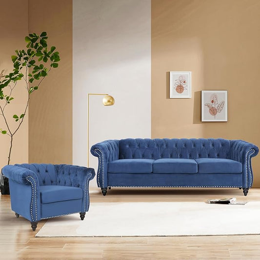 2 Piece Living Room Sofa Set, 3 Seater Velvet Sofa Couch and Chair Set, Mid Century Modern Upholstered Couch with Cushions, Comfy Tufted Chesterfield Couches for Living Room, Bedroom, Office