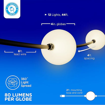 Enbrighten Globe Outdoor String Lights, 44ft, 12 Large 4in Round Bulbs, 2700K Warm White LED, Waterproof, Patio, Backyard, Garden, Pergola, Balcony, 84331