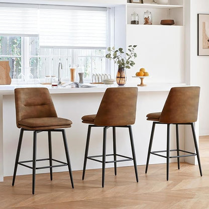 Coffee Counter Height Bar Stools Set of 3, 26 Inch Seat Height with Back and Metal Legs, 360° Swivel Upholstered Faux Leather Swivel Bar Stools