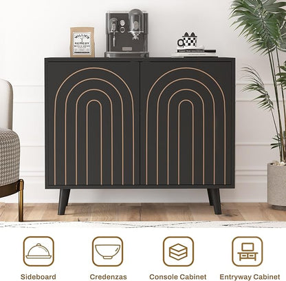 Accent Cabinet with Carving Lines, Modern Buffet Sideboard with Adjustable Shelves, Decorative Storage Cabinets for Bedroom Living Room Kitchen Office and Hallway (Black, 1)