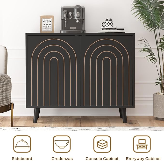 63" Sideboard Buffet Cabinet Set of 2, Modern Accent Cabinet with Carving Lines, Decorative Storage Cabinets for Bedroom Living Room Kitchen Office and Hallway (Black, 2)