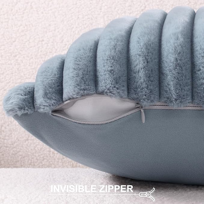 Pallene Faux Fur Plush Lumbar Throw Pillow Covers 12x20 Set of 2, Luxury Soft Fluffy Striped Decorative Pillow Covers for Sofa, Couch, Living Room, Blue Grey