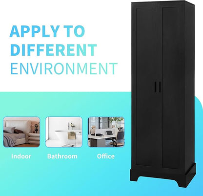 Tall Freestanding Storage Cabinet, Multi-Purpose Floor Organizer with 2 Doors & 5 Adjustable Shelves for Bathroom, Office, Living Room, Black