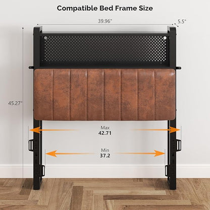 VINGLI Twin or Twin XL Size Headboard, Adjustable Upholstered Headboard with 2 Tier Shelves and Pegboard with Charging Stations and LED Lights, Modern Bed Headboard with Storage for Bedroom Decor