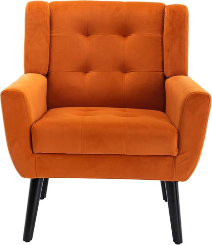 Dolonm Midcentury Modern Accent Chair with Arms, Upholstered Fabric Reading Side Chair Tufted Back Decorative Wingback Chair for Living Room Bedroom (Orange)