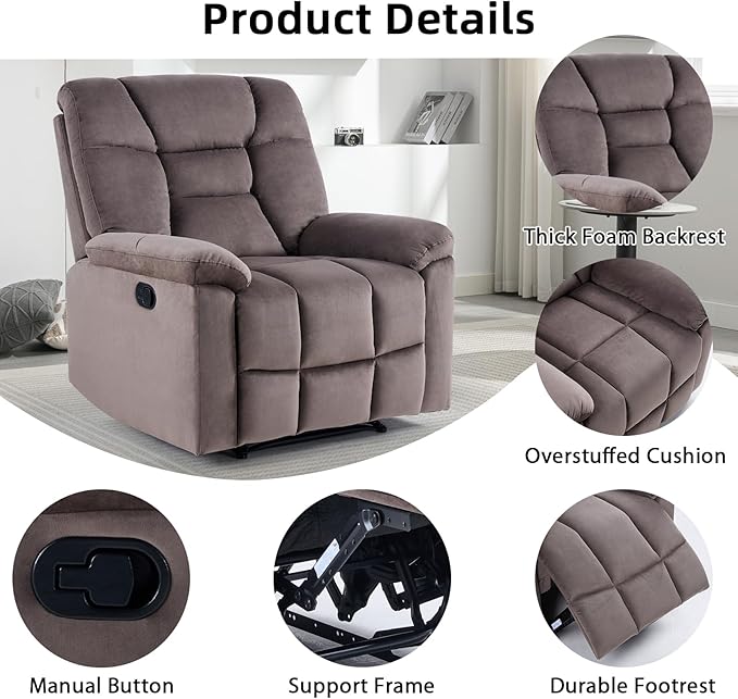 EBELLO Set of 2 Manual Recliner Chair for Adults with Soft Padded Headrest and Backrest, Overstuffed Single Recliner Sofa Chair for Living Room, Dark Brown