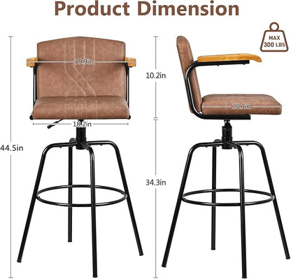 VECELO Bar Stools Set of 2, Swivel Faux Leather Bar Stools with Backs and Footrest, for Kitchen Islands, Dining Counters, Home Bars, Brown