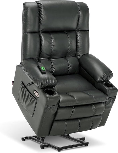 MCombo Dual Motor Large Power Lift Recliner Chair for Elderly, Lay Flat Lift Chair with Heat and Massage, Big Lift Recliner for Tall People, Faux Leather 7896 (Grey, Large)