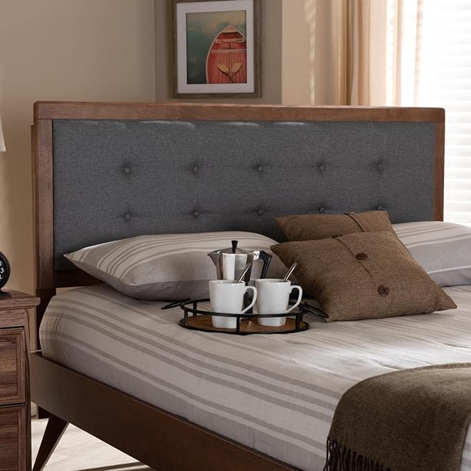 Mid-Century Marvel Fabric Upholstered Walnut Brown Finished Wood Headboard, Wall Mount Headboard King/Dark Gray
