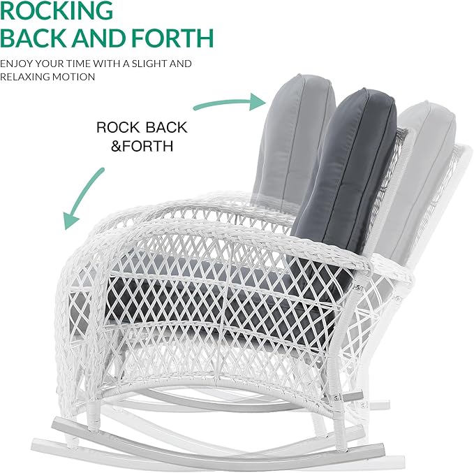 VIVIJASON 4-Piece Outdoor Patio White Wicker Conversation Sets, All Weather Outdoor Rattan Furniture Set Includes Glider Loveseat, Coffee Table, 2 Rocking Chairs with Cushions for Backyard, Grey
