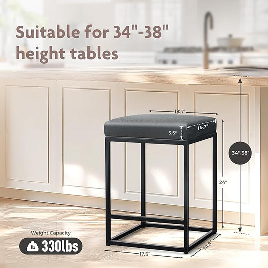 ALPHA HOME 24 Inch Counter Height Bar Stools Set of 2, Upholstered Bar Stools for Kitchen Island, Counter Stools with Faux Leather Cushion and Sturdy Metal Frame, Modern Barstools, Black