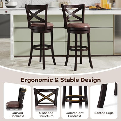 COSTWAY Bar Stools Set of 4, 30" Swivel Bar Height Bar Chairs with Copper Nails, Upholstered Seat, X-Shaped Backrest, Solid Rubber Wood Frame, for Kitchen Island Pub Bar