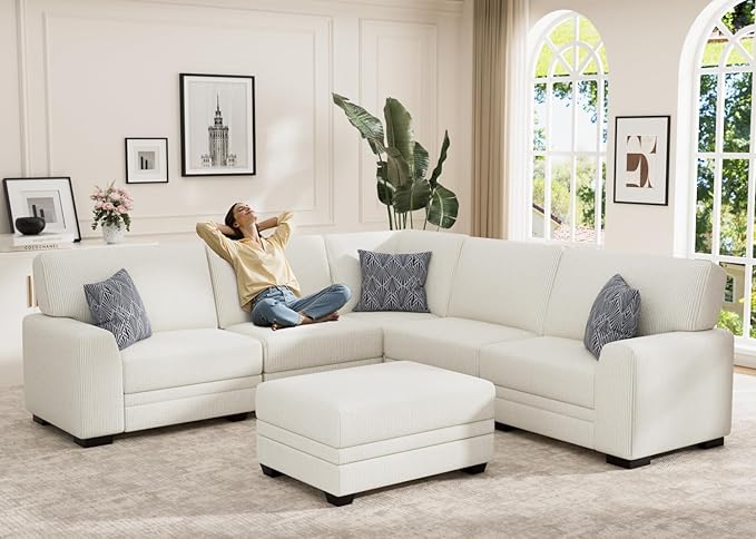 Wanderwell Oversized Modular Sectional Sofa, 6-Seater U Shaped Couches with Movable Ottoman,Corduroy Sectional Couch with Wide and Deep Seats Suitable for Living Room,Bedroom,Apartment (Cream, L-6)