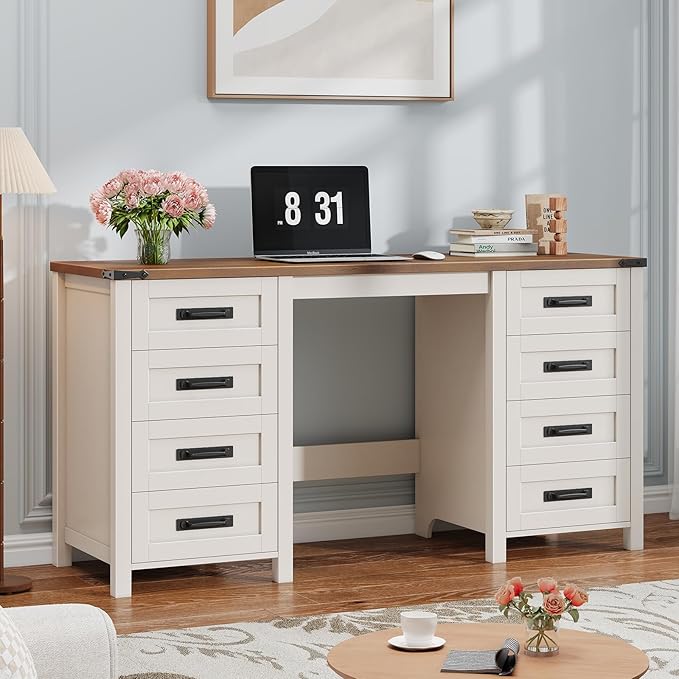 Vabches Farmhouse 60.6” Executive Desk with 7 Drawers, Computer Desk with File Drawer for Hanging Files A4, Workstation for Home Office, Study.