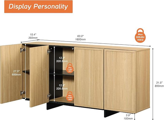 WAMPAT Modern Sideboard Buffet Cabinet with 4 Doors, Multifunctional Sideboard with Large Storage and T-Shaped Legs, Coffee Bar Cabinet Storage Cabinet for Kitchen, Living Room, Oak