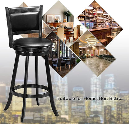 COSTWAY Bar Stools Set of 2, 360 Degree Swivel, Accent Wooden Swivel Back Bar Height Bar Stool, Fabric Upholstered Design, PVC Cushioned Seat (2 stools, Black 29'' Height)