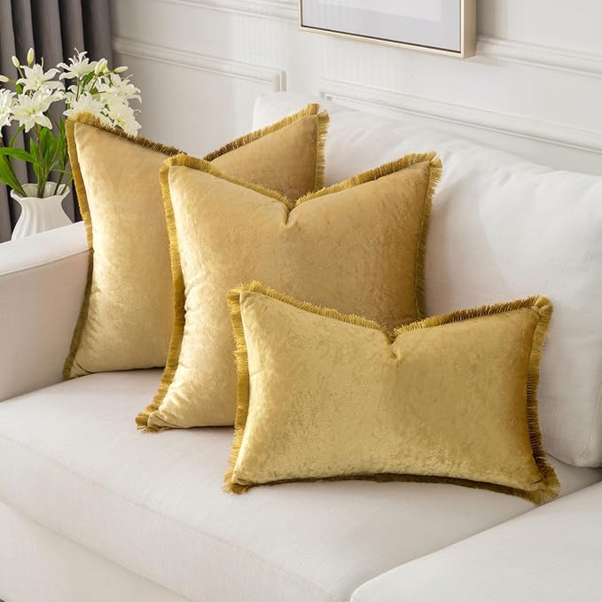 FUTEI Christmas Gold Velvet Decorative Throw Pillow Covers 20x20 Set of 2,Soft Cozy Edge with Tassels Cushion Case,Boho Modern Home Decor for Couch Bed Living Room