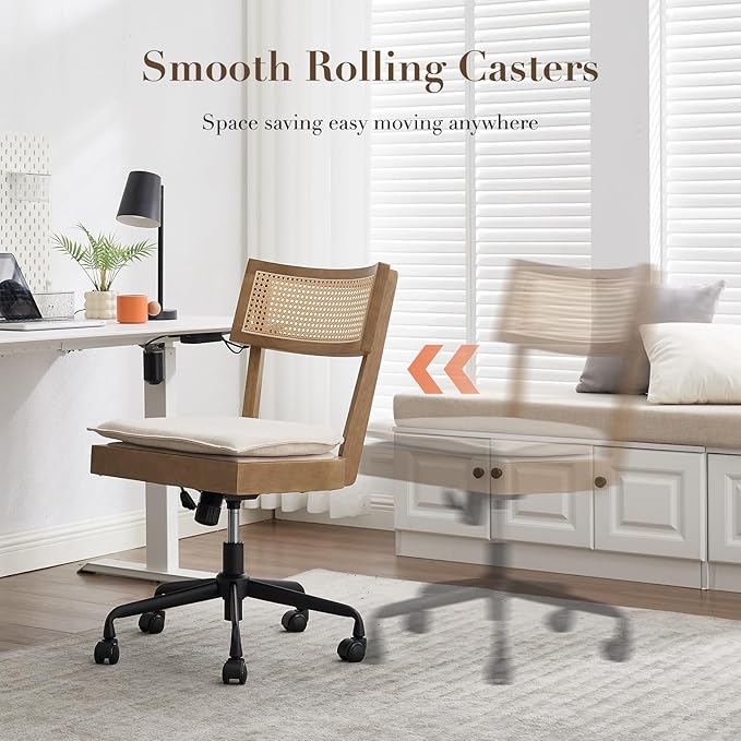 Home Office Desk Chair with Wheels, Ergonomic Computer Task Chair with Rattan Back, Adjustable Height Armless Swivel Chair with Removable Cushion for Small Space, Light Brown