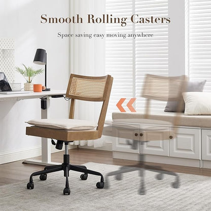 Home Office Desk Chair with Wheels, Ergonomic Computer Task Chair with Rattan Back, Adjustable Height Armless Swivel Chair with Removable Cushion for Small Space, Light Brown