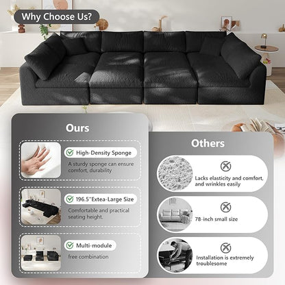 Boneless Cloud Couch Modular Sectional Sofa with Deep Seat for Living Room, L Shape Couch with Ottoman, Snowflake Cloth and 40D Memory Sponge，2 Throw Pillows (Black, 6 Seater+2 Ottoman)