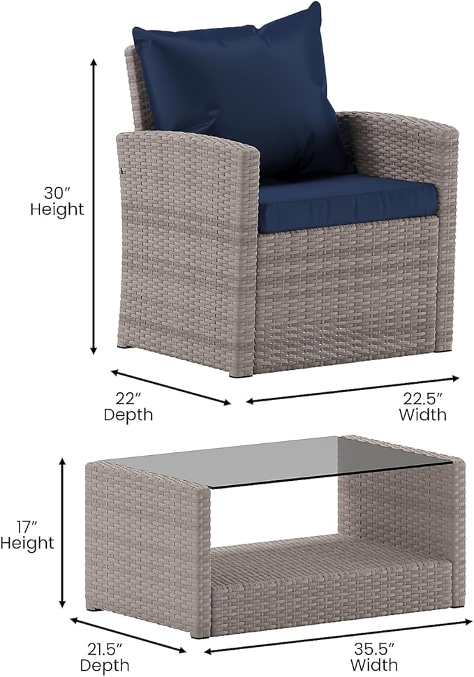 Flash Furniture Aransas Series 4 Piece Light Gray Patio Set with Navy Back Pillows and Seat Cushions