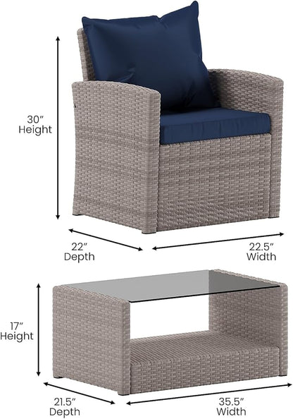 Flash Furniture Aransas Series 4 Piece Light Gray Patio Set with Navy Back Pillows and Seat Cushions