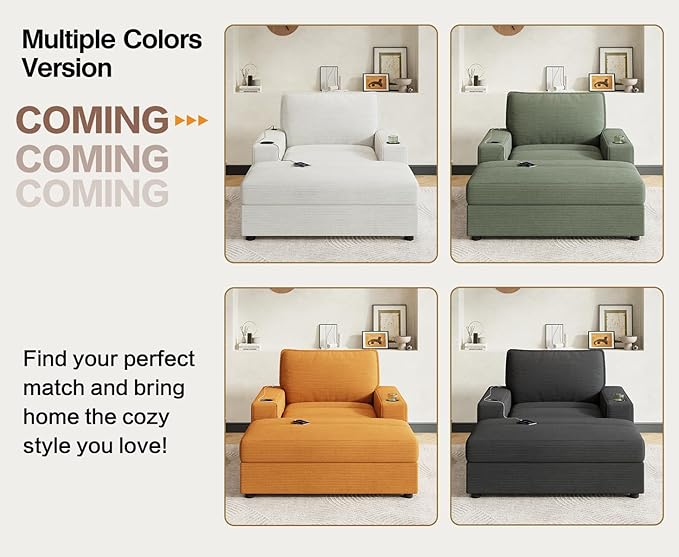 Christopher Knight Home Zoe Oversized Chaise Lounge Chair Indoor with Cup Holders & USB Charging Port, Corduroy Upholstered Sofa Bed + Ottoman with Storage, Comfy Deep Seat Sleeper Sofa Chair, Grey