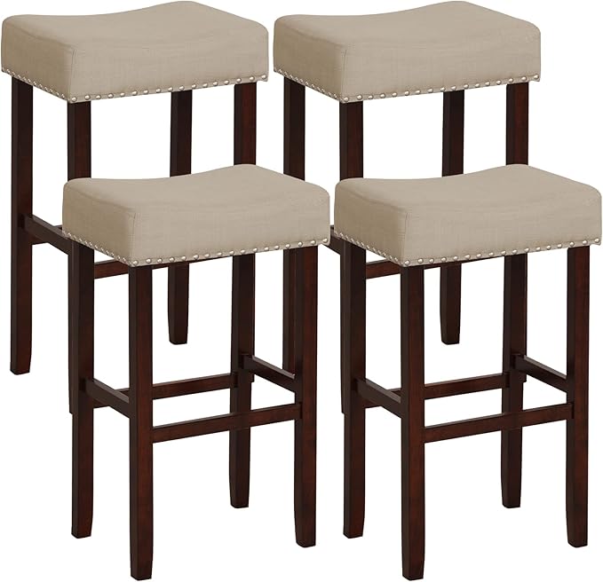 COSTWAY Set of 4 Bar Stools, 29.5-inch Backless Saddle Stools with Nailhead Trim, Rubber Wood Frame, Footrest, Max Load 330 lbs, Upholstered Barstools for Kitchen Island Pub, Beige