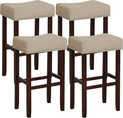 COSTWAY Set of 4 Bar Stools, 29.5-inch Backless Saddle Stools with Nailhead Trim, Rubber Wood Frame, Footrest, Max Load 330 lbs, Upholstered Barstools for Kitchen Island Pub, Beige
