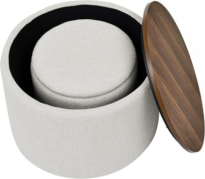 DAGONHIL 2-Piece Set Round Chenille Storage Ottoman, Equipped with a Drum Shaped Small Stool, Storage Space, and MDF Made Desktop Panel (Beige 23.6"x23.6"x16.5")