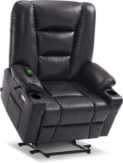 MCombo Oversized Power Lift Recliner Chair with Massage and Heat for Big and Tall Elderly People, Cup Holders, USB Ports, Side Pockets, Faux Leather R7541 (Black, Large-Oversize)